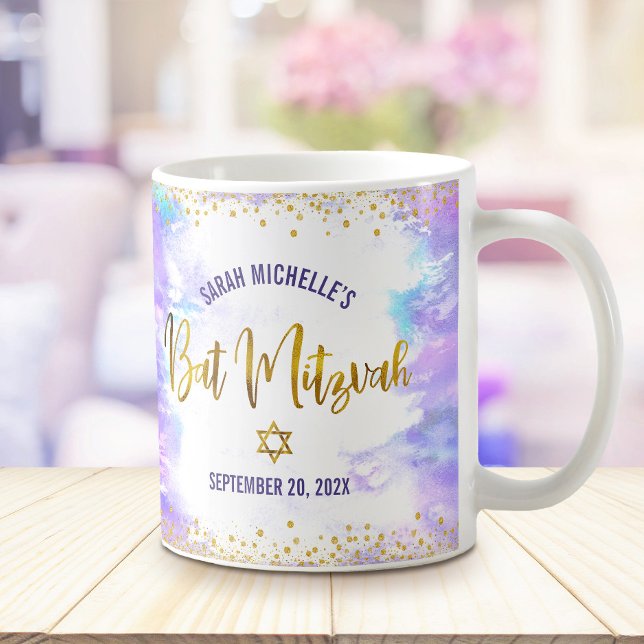 Caneca De Café Bat Mitzvah Purple Watercolor Script Confetti (Criador carregado)