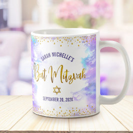 Caneca De Café Bat Mitzvah Roxo Aquarela Dourado Script Confetes