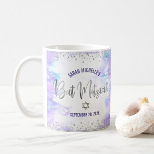 Caneca De Café Bat Mitzvah Roxo Aquarela Grafia Prata Moderna