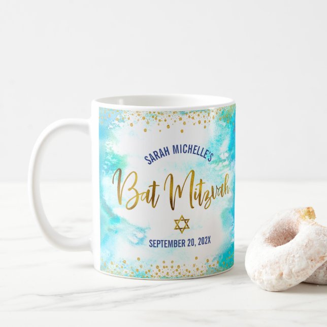 Caneca De Café Bat Mitzvah Turquesa Aquarela Dourado Script Negri (Com Donut)