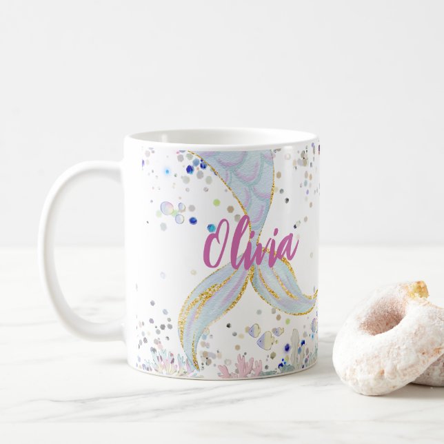 Caneca De Café Bateria De Sereia Com Glitter Whimsical Sob O Mar (Com Donut)