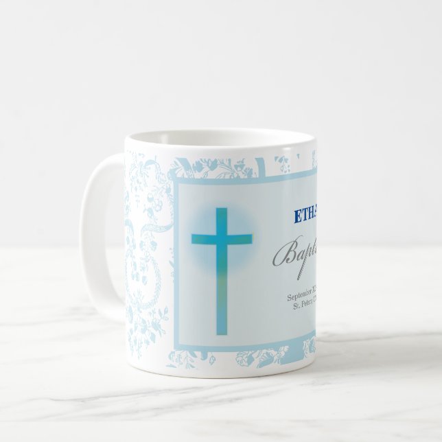 Caneca De Café Batismo do Menino com Renda Azul (Frente Esquerda)