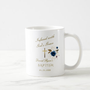 Caneca De Café Batismo Dourado azul Elegante de Caligrafia Floral