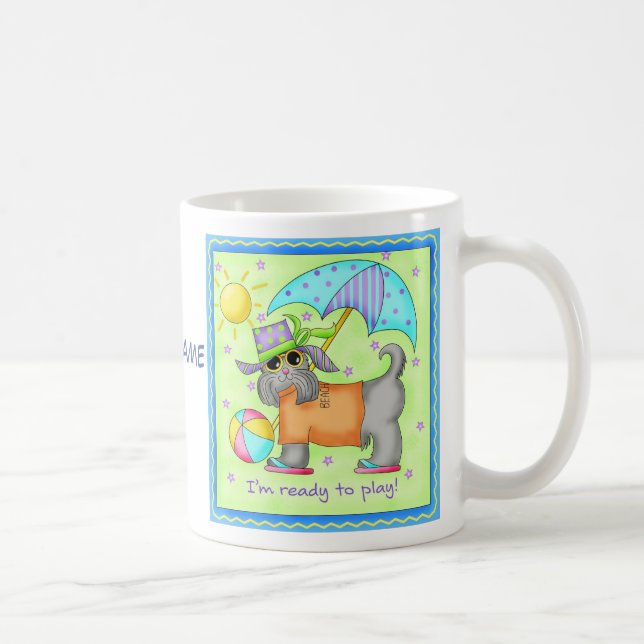 Caneca De Café Beach Dog Whimsy Art Green Blue Name Personalizar (Direita)