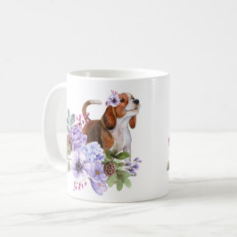 Caneca De Café Beagle Cercado por Flores Vibrantes em Aquarela