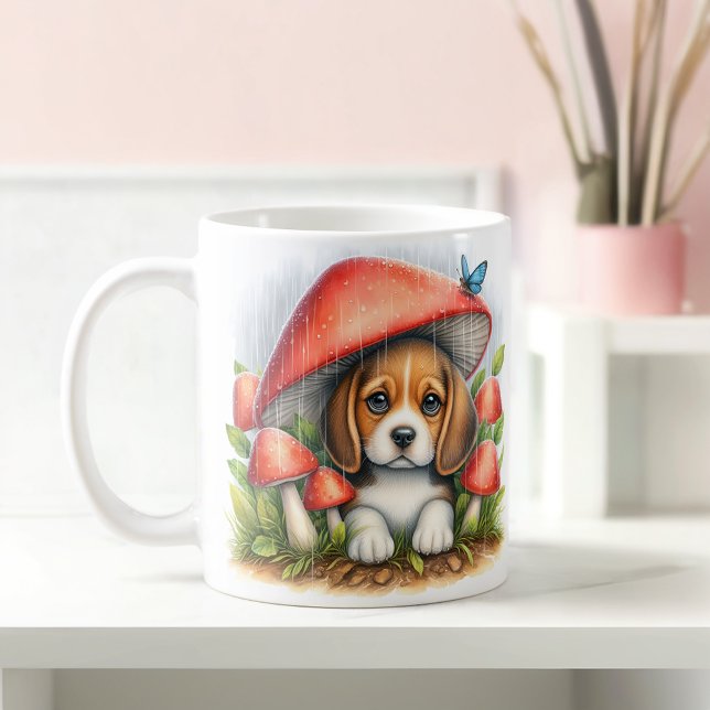 Caneca De Café Beagle Puppy Adorável Sob Guarda-chuvas (Criador carregado)