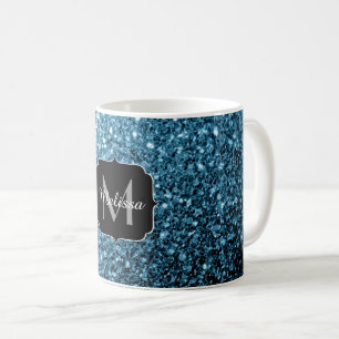 Caneca De Café Bebê azul claro monograma de brilho falso faísca
