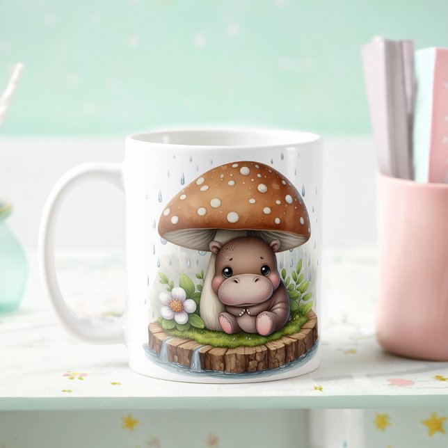 Caneca De Café Bebê Bonito Hippopotamus Sob Guarda-Chuva (Criador carregado)