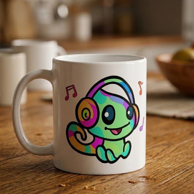 Caneca De Café Bebê Camaleão Kawaii Sorridente Com Fones de Ouvid (Cute Smiling Kawaii Baby Chameleon With Headphones. Coffee Mug)
