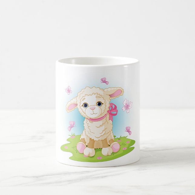 Caneca De Café Bebê Cordeiro com Laço Rosa e Borboletas (Criador carregado)