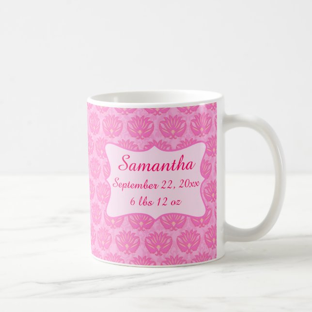 Caneca De Café Bebê, Damask Rosa, Nome Particularmente Nascido (Direita)