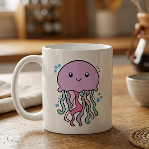 Caneca De Café Bebê de Água-Viva Kawaii Sorridente com Bolhas