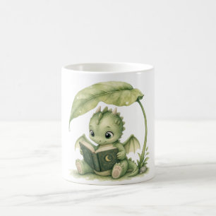 Caneca De Café Bebê Dragão Lendo Sob Folhas Livro Infantil Quarto