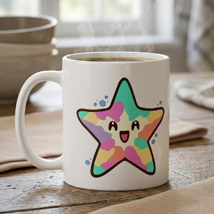 Caneca De Café Bebê Estrela-do-Mar Kawaii Sorridente com Bolhas