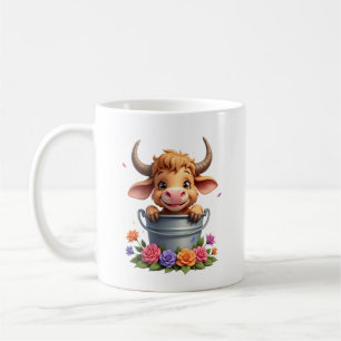Caneca De Café Bebê Fofo Vaca das Terras Altas Com flores Bezerro
