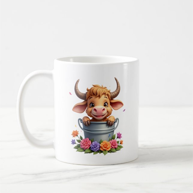 Caneca De Café Bebê Fofo Vaca das Terras Altas Com flores Bezerro (Esquerda)