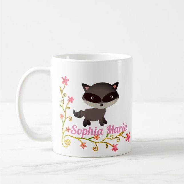 Caneca De Café Bebê-guaxinim bonito com flores (Esquerda)