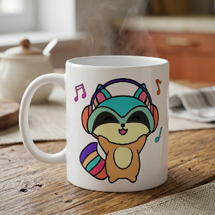 Caneca De Café Bebê Guaxinim Kawaii Sorridente com Fones de Ouvid