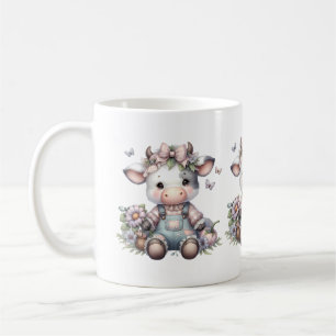 Caneca De Café Bebê Vaca Fofo com Macacão e Flores em Tons Pastéi