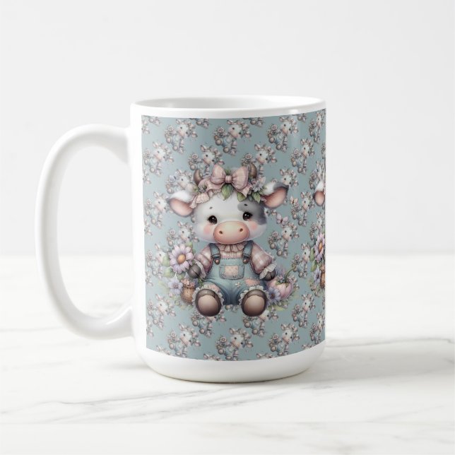 Caneca De Café Bebê Vaca Fofo em Macacão com Flores Pastéis (Esquerda)