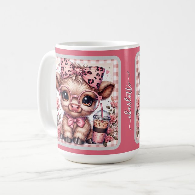 Caneca De Café Bebê Vaca Higland Personalizada com Laço Estampa d (Frente Esquerda)