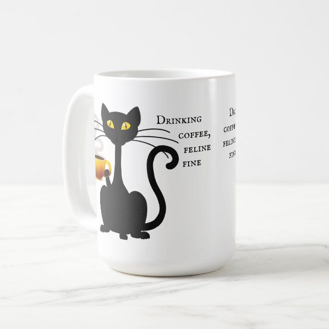 Caneca De Café Bebendo Café Feline Fine - 15 oz Caneca (Frente Esquerda)