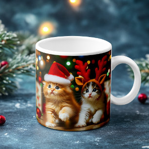 Caneca De Café Bebês gatinhos com Papai Noel e chapéus de rena 2