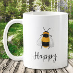 Caneca De Café Bee Happy<br><div class="desc">Esta linda caneca de café é decorada com abelhas melíferas e tipografia de na moda. Original Watercolor © Michele Davies.</div>