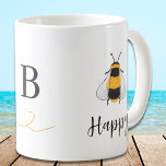 Caneca De Café Bee Happy Monograma<br><div class="desc">Esta linda caneca de café é decorada com abelhas melíferas e tipografia de na moda. Facilmente personalizável com seu monograma. Original Watercolor © Michele Davies.</div>