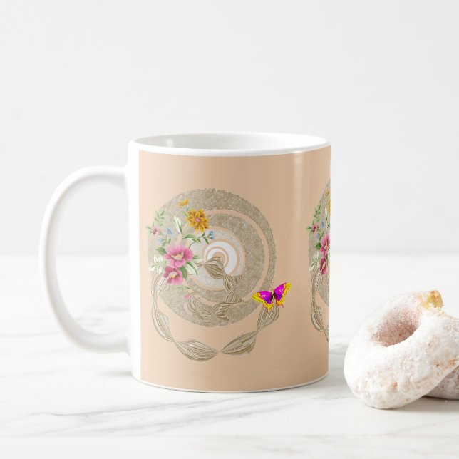 Caneca De Café Beige Floral Mug (Com Donut)