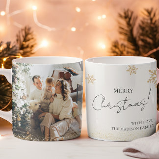 Caneca De Café Beige Minimalista Foto da Família Feliz Natal