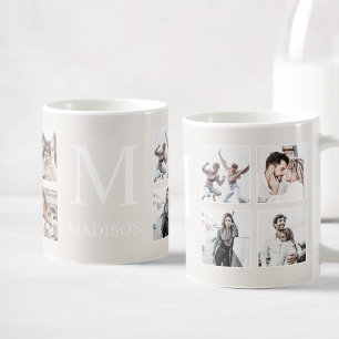 Caneca De Café Beige Personalizado de Colagem de Fotos Personaliz