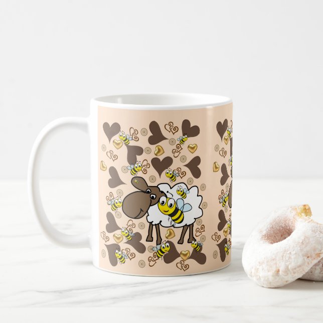 Caneca De Café Beige Sheep Brown Hearts Mug (Com Donut)