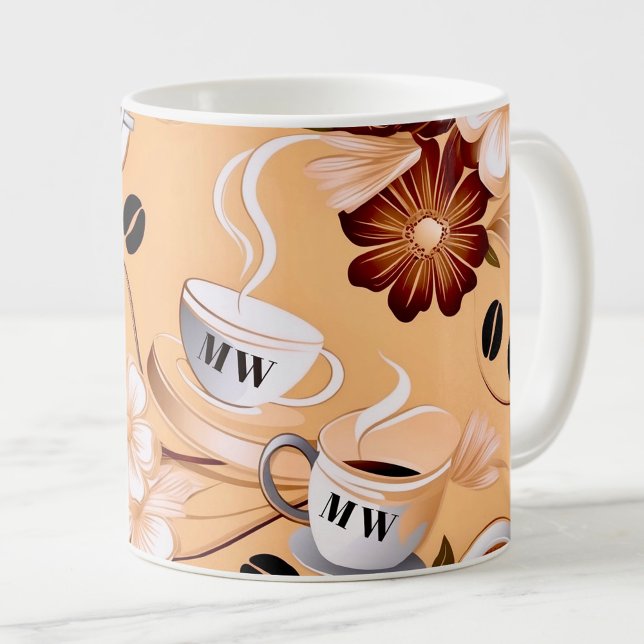 Caneca De Café Beige temido do café, iniciais de flores marrons (Criador carregado)