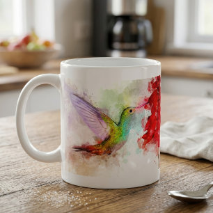 Caneca De Café Beija-flor em Aquarela se Alimentando de Flor Verm