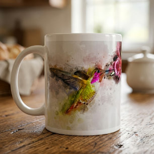 Caneca De Café Beija-flor se Alimentando de Flor Rosa Aquarela