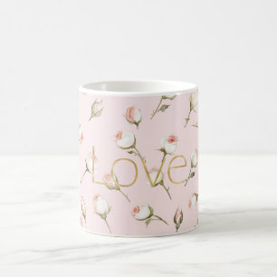 Caneca De Café Beijo Floral Rosa Bege Amor Dourado