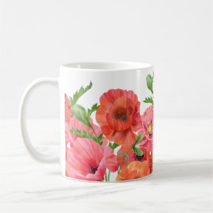 Caneca De Café Bela Aquarela Pópias Vermelhas Rosa Floral