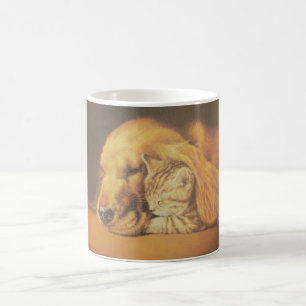 Caneca De Café Bela Arte de Gato e Cachorro Se Aconchegando Impre