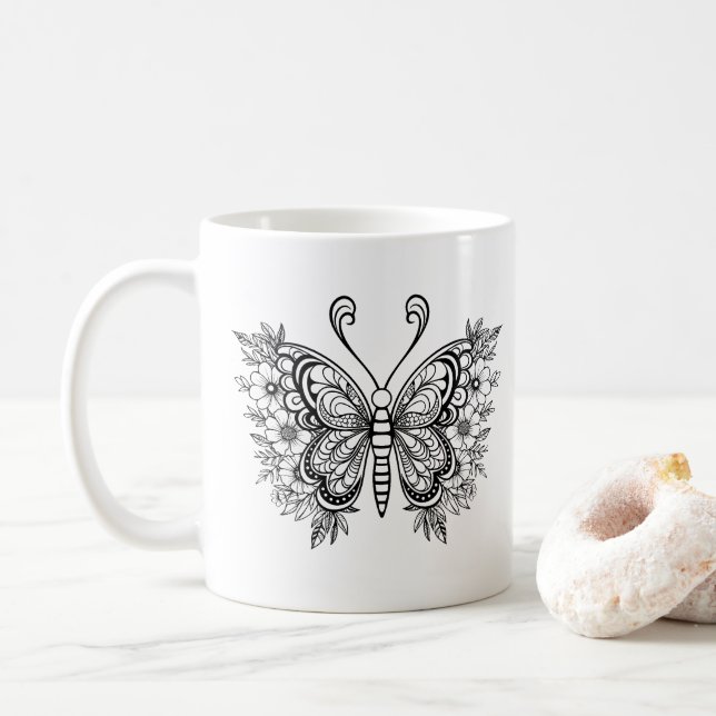 Caneca De Café Bela borboleta floral negra (Com Donut)