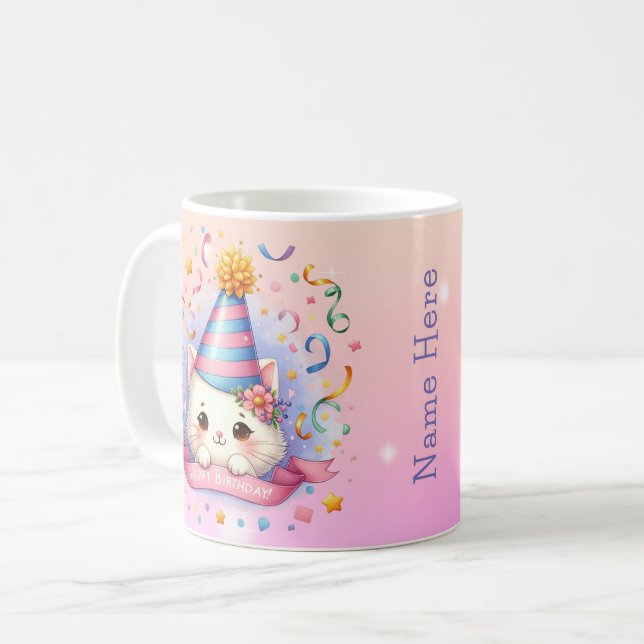Caneca De Café Bela Cartoon Kawaii Kitty Feliz Aniversário (Frente Esquerda)