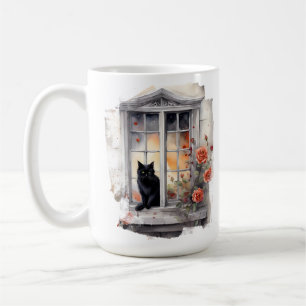 CANECA DE CAFÉ BELA COR DE ÁGUA NEGRA SENTADA NA JANELA