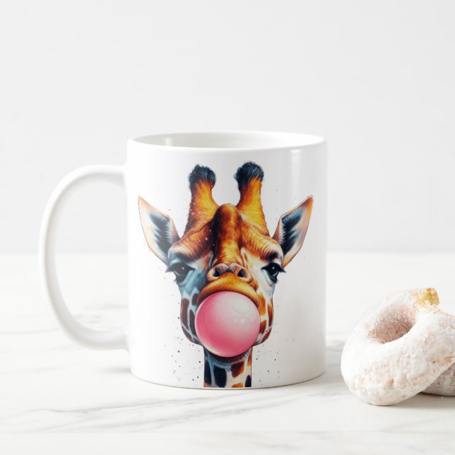 Caneca De Café bela girafa soprando a borda (Com Donut)