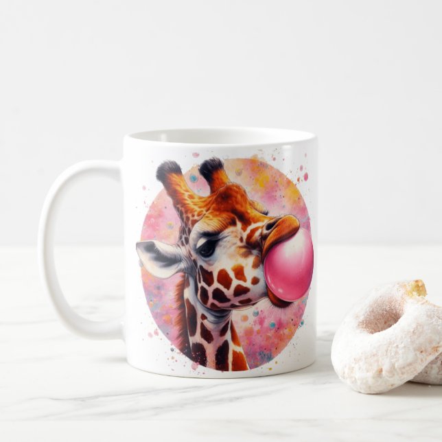 Caneca De Café bela girafa soprando a borda (Com Donut)