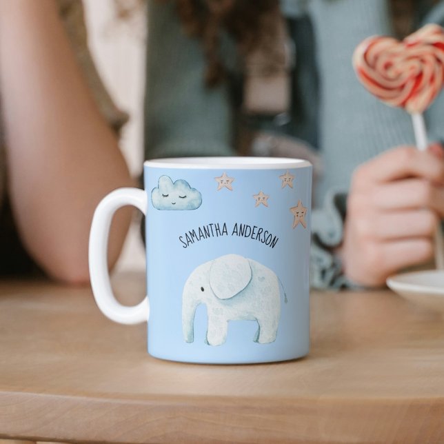 Caneca De Café Bela Moderna Pastel Blue Elephant & Stars Kid (Criador carregado)