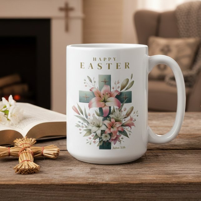 Caneca De Café Bela Páscoa Cristã da Cruz Floral (Beautiful Floral Cross Christian Easter Coffee Mug)