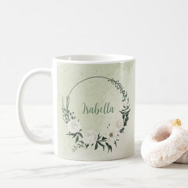Caneca De Café Belas flores brancas folhas verdes (Com Donut)