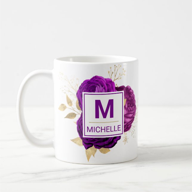 Caneca De Café Belas Flores Monograma Roxo Escuro e Dourado (Esquerda)