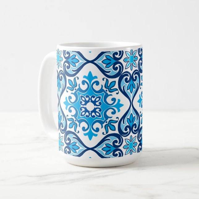 Caneca De Café 💙 🤍 Belo azul - Azulejos X brancos, (Frente Esquerda)