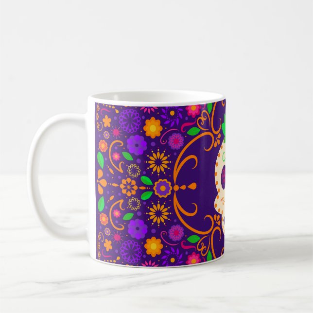 Caneca De Café Belo crânio com flores Día de los Muertos (Esquerda)
